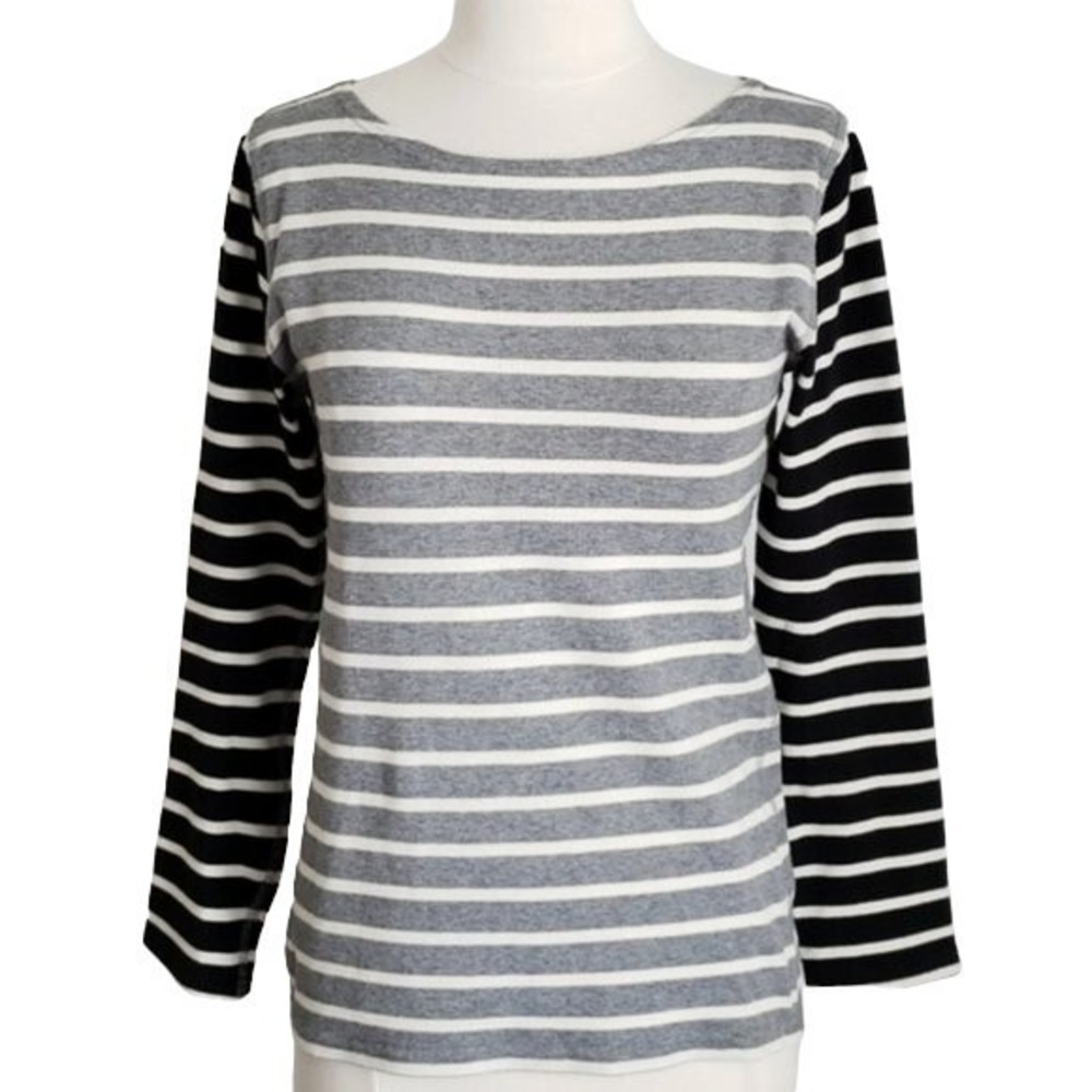 J Crew Gray/Black/White Striped Gray & Black Waffle Long-Sleeve Top-‎ Small, S